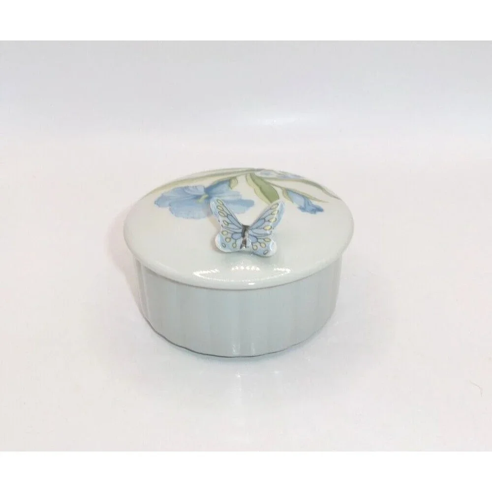 Butterfly Floral Trinket Jewelry Box w/ Lid Hibiscus Flower Blue Green Vtg Japan